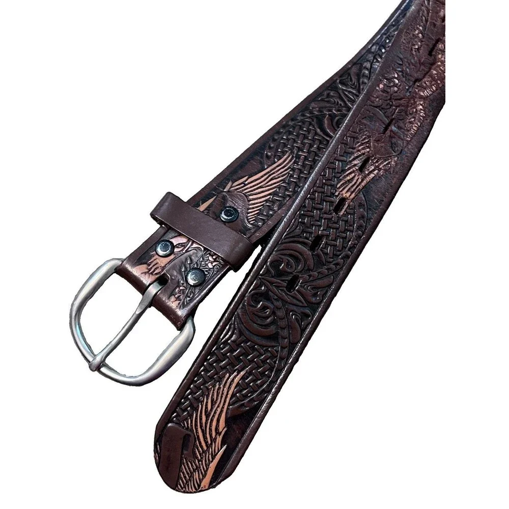 Vtg Style Tooled Buckle Belt Western Eagle Cowboy 44 Brown Leather Y2K Rodeo